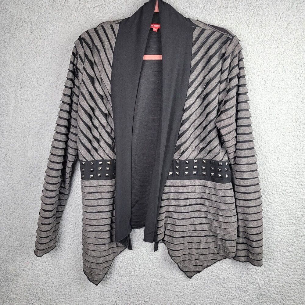 Le Grenier Waterfall Cardigan Black Gray Large Striped Studded Hanky Hem Viscose